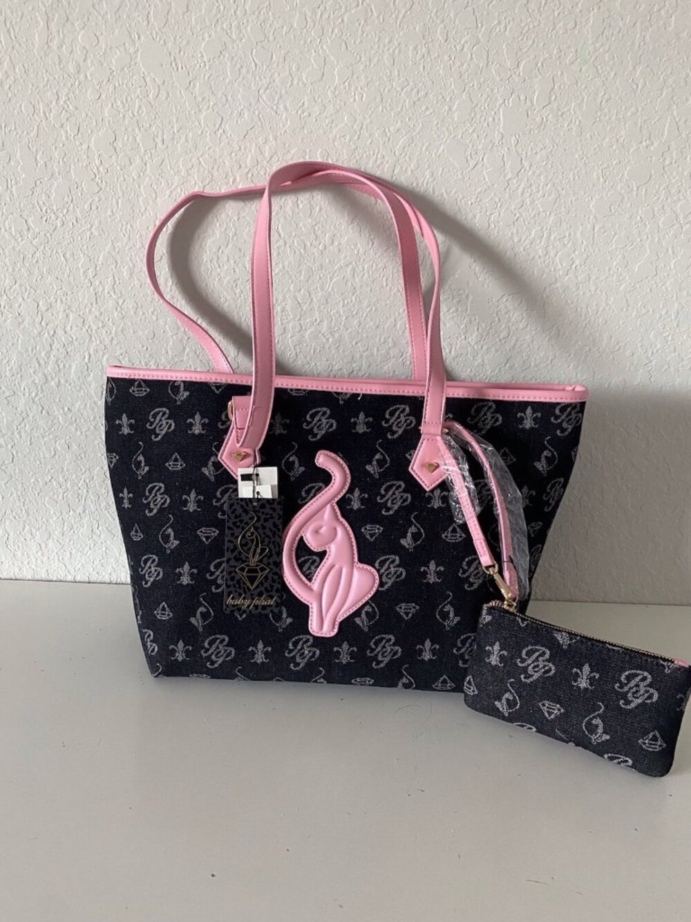Baby Phat Black Denim Pink Logo Large Tote Bag With Matching Wristlet VIRAL NEW